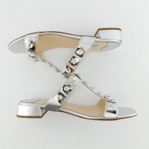 PRADA Crystal Embellished Silver Saffiano T-Strap Block Heel Slide Sandals 37.5 - Picture 6 of 10